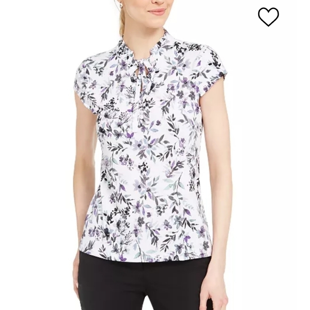 Karl Lagerfeld Purple Floral-Print Cap-Sleeve Short Sleeve Blouse size XXL